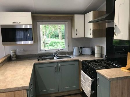 a kitchen with a sink, microwave, kettle, and stove at Kelling Heath Holiday Park - Holiday Accommodation 13133 in Holt