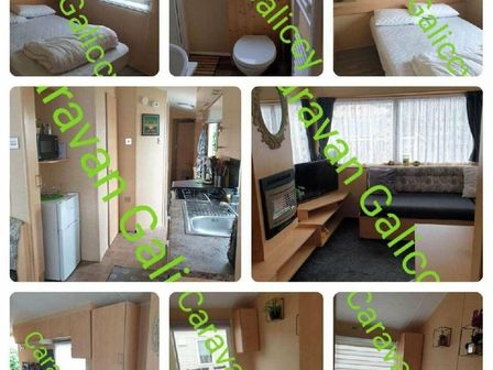 interior images of a caravan showing bedrooms, bathroom, kitchen area, and living space at Lyons Winkups and Primrose - Holiday Accommodation 14280 in Towyn