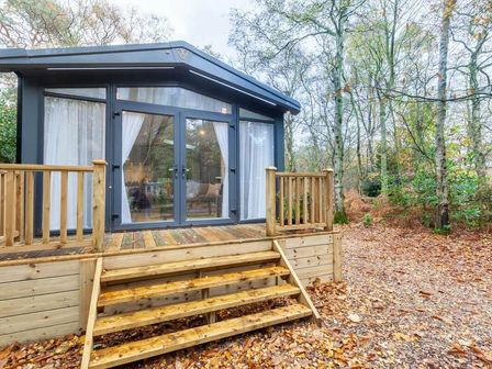 a wooden deck and entrance to a lodge surrounded by trees at Kelling Heath Holiday Park - Holiday Accommodation 16335, Weybourne