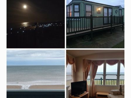 a collage featuring a night view of the ocean, a green holiday home exterior, a seaside view, and a living room with a television at Skipsea Sands Holiday Park - Holiday Accommodation 7908 in Driffield