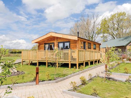 A cabin with a deck and trees in the outdoor area at Typhoon Lodge in Winchester