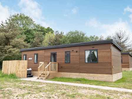 A wooden cabin with steps and windows in an outdoor area at Caistor Spa in Louth