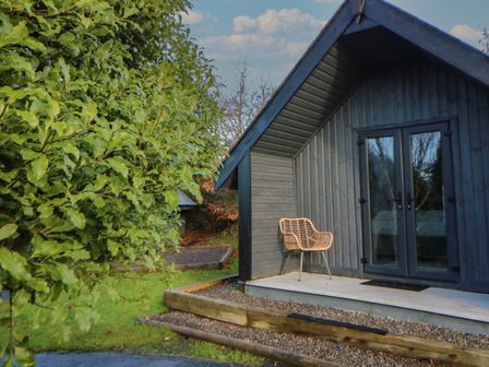 A cabin with a chair and a door at Garden Lodge 7 Swansea