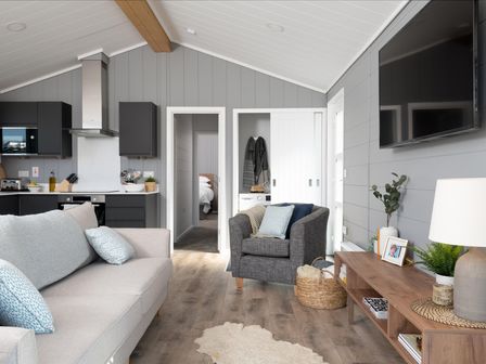 A living room with a sofa and television at Kynance (Pet) in Bude