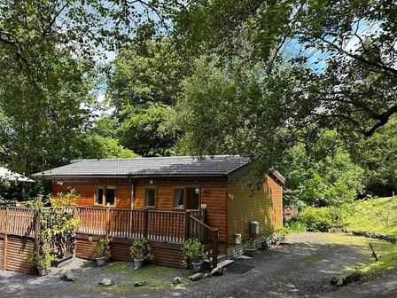 A wooden cabin with a deck surrounded by greenery at Owls House - White Cross Bay Windermere