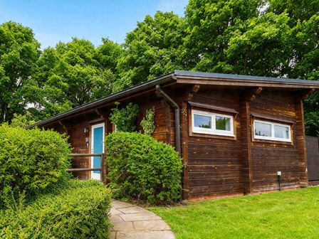 A wooden house with a blue door and bushes at Pine Lodge Spa Carlton Miniott near Thirsk