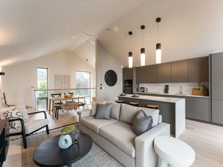 A living room with a sofa and coffee table at tbc in St. Ives