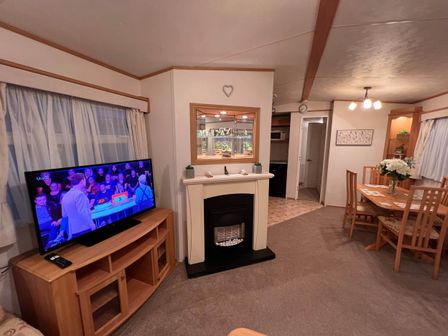 A living room with a television and fireplace at