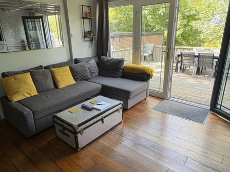 A living room with a sofa and coffee table at Pet Friendly 2-Bed Lodge, Sleeps 5, Pool & Parking, Caernarfon