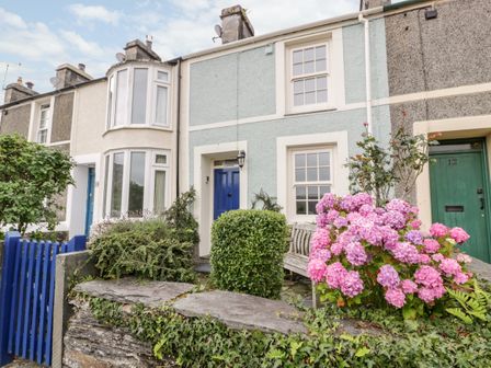 A row of attached houses with a blue door and pink flowers in front at Llannor in Borth-y-Gest