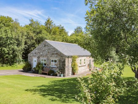 A stone cottage with multiple windows and a door surrounded by green grass and trees at Drovers Rest in Otterburn