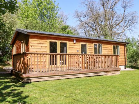 A wooden cabin with a porch and railing surrounded by grass and trees at Lodge One Brighton near Summercourt