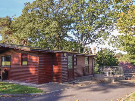 A log cabin with a deck and outdoor seating at Bluebell Lodge in Saltburn-by-the-Sea