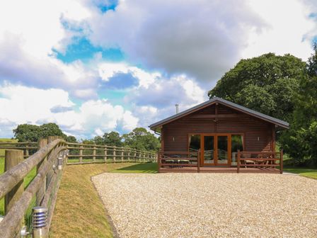 A wooden lodge with a deck surrounded by a gravel area and wooden fence in a rural setting at Barn Shelley Lodge in Copplestone near Crediton