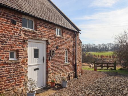 A brick building with a white door and windows by a gravel path with sheep in the field at The Bothy in Lowick near Holy Island