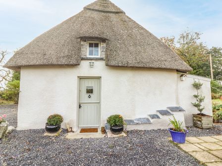 A white cottage with a thatched roof a light blue door and plants in pots outside at New Thatch Farm Scarteen near Knocklong County Limerick