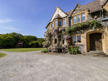 A building with shrubs and flowers by the entrance with a gravel driveway and grassy area at Plas Gwynfryn in Llanbedr