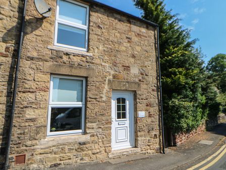 Stone building facade with a white door and two windows next to a road with greenery at Hollie Cottage in Haltwhistle