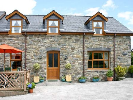 A stone house with wooden windows and door surrounded by potted plants at Tangaer Cottage in Cellan near Lampeter