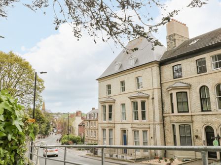 A street view with cream brick houses and a road with cars at Park View in Whitby