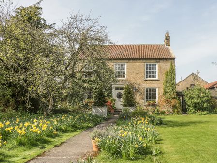 A stone house with a tiled roof and garden path lined with yellow flowers at Manor Farm in Hutton Buscel