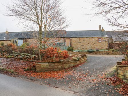 A stone cottage with a driveway and autumn leaves at Milton Mains Cottages in Milton near Brampton
