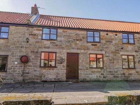 Stone cottage with brown door and windows under a red tiled roof at Danby Cottage in Ruswarp near Whitby