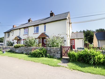 A row of white houses with slate roofs and small front gardens with plants and a stone wall at Buntys Place in Chatton near Wooler