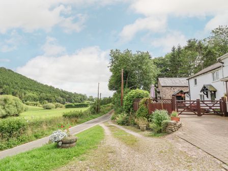 A country road next to a white house with a wooden gate and garden at The Little White Cottage in Llanferres near Ruthin