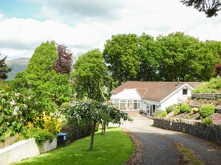 A driveway leading to a house with a conservatory surrounded by trees and garden at Treetops in Govilon near Abergavenny