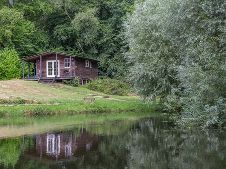 A wooden cabin by a pond surrounded by grass and trees at Lakeside Cabin in Sheldon Blackdown Hills