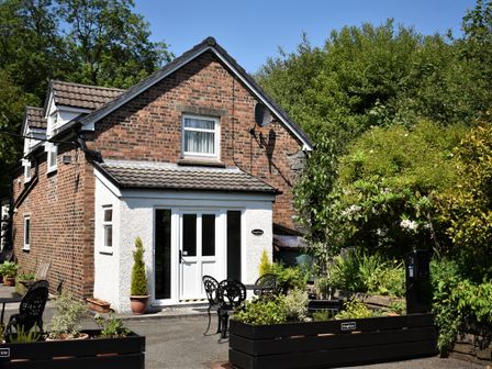 A brick house with a white front door surrounded by plants and outdoor seating at Kingfisher in Blaenwaun