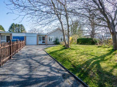 A driveway leading to a single-story house with a garage and a front yard with grass and trees at Trederwen in Rhayader