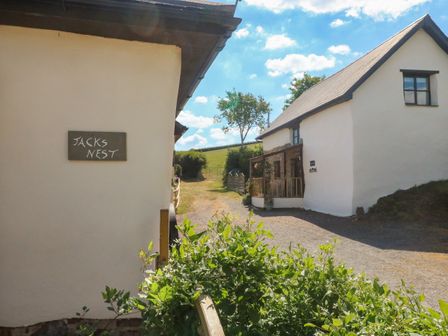 Two white buildings with sloped roofs and a pathway between them with greenery and a tree at Jacks Nest in South Molton