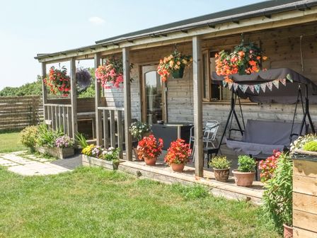 A wooden porch with hanging flowers and potted plants with outdoor furniture and a swing at View The Gallery in Okehampton