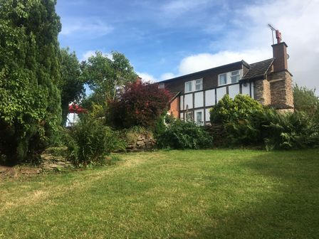 A garden with grass and various trees and shrubs in front of a two story house at Causeway Cottage in Pencombe