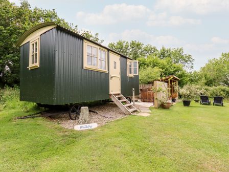 A green caravan with steps leading to the door on grass with outdoor seating and a wooden shelter at Willow Burlawn near Wadebridge