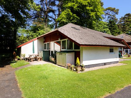 A single story house with a sloped roof and potted plants on grass at Trelessy Lodge Llanteg near Amroth