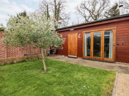 A small garden with a tree and a wooden house with a door and large windows at Rabbit's Warren in Titchfield Common