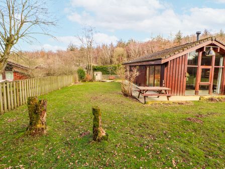A garden with a wooden house and table at 26 Dukes Meadow Greystoke near Penrith
