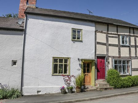 Exterior view of two adjacent houses with different facades and doors with plants outside at Fern House in Leintwardine
