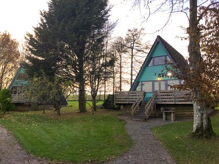 Two triangular wooden cabins with stairs surrounded by trees and grass at Rose Lodge in Milton on Stour