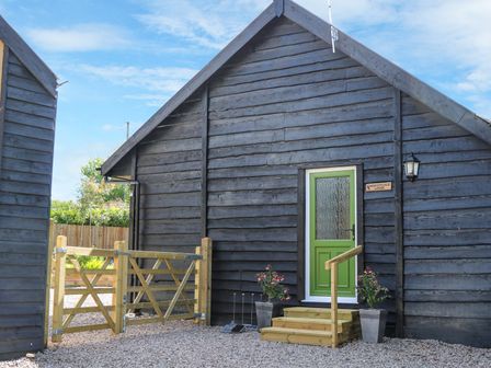 A wooden cabin with a green door and wooden steps at Woodpecker Lodge in Henley near Langport