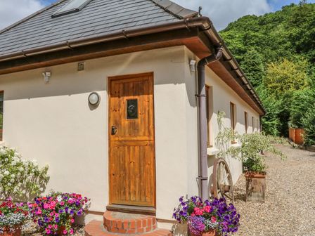 An exterior view of a building with a wooden door surrounded by flower pots and gravel at Cross Syke Barn in Loxhore near Barnstaple