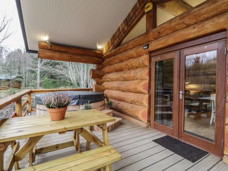 An outdoor wooden deck with a picnic table, a potted plant, a hot tub, and glass double doors at Moorhen Lodge in North Kessock