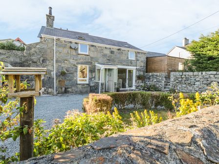 A stone house with a gravel driveway and a garden with bushes and yellow flowers at Y Cilgwyn in Trawsfynydd