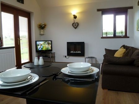 A living room with a brown sofa a wall-mounted fireplace a table set with white dishes and a small television at Buttercup Cottage in Catterlen