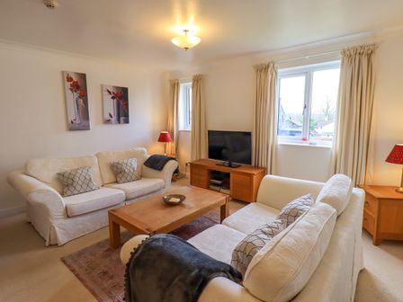 A living room with two sofas a wooden coffee table a television on a wooden stand and curtains at Mrs Tiggywinkles in Windermere