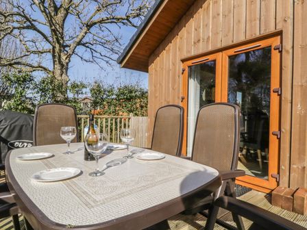 An outdoor table with plates and wine glasses set on a wooden deck outside a wooden building at Holmedell in Greystoke