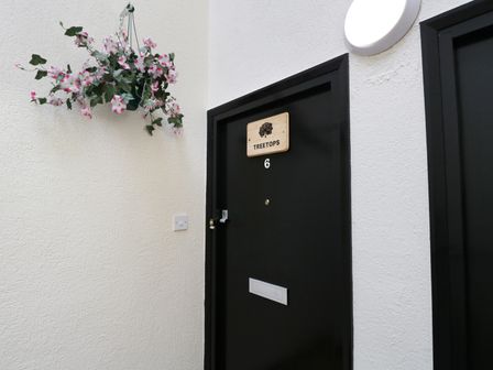A black door numbered 6 with a wooden nameplate saying Treetops and a hanging pink and white flower pot on a white textured wall at Treetops in Windermere